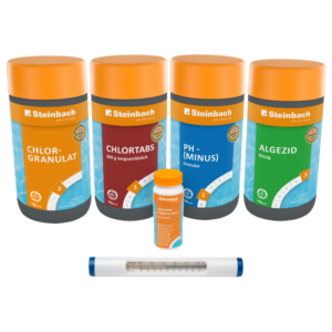 Starter Set: термометр, тест-полоски, гранулы pH – минус, хлорные гранулы, хлорные таблетки 200 г, жидкость для борьбы с водорослями