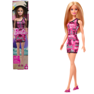 Кукла Barbie Fashion со светлыми волосами и розовом платье с принтом логотипа Barbie